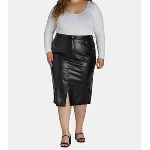 Womens 24W Midi Blk Faux Leather Skirt Businesscasual Y2K Goth Bikecore Girlboss